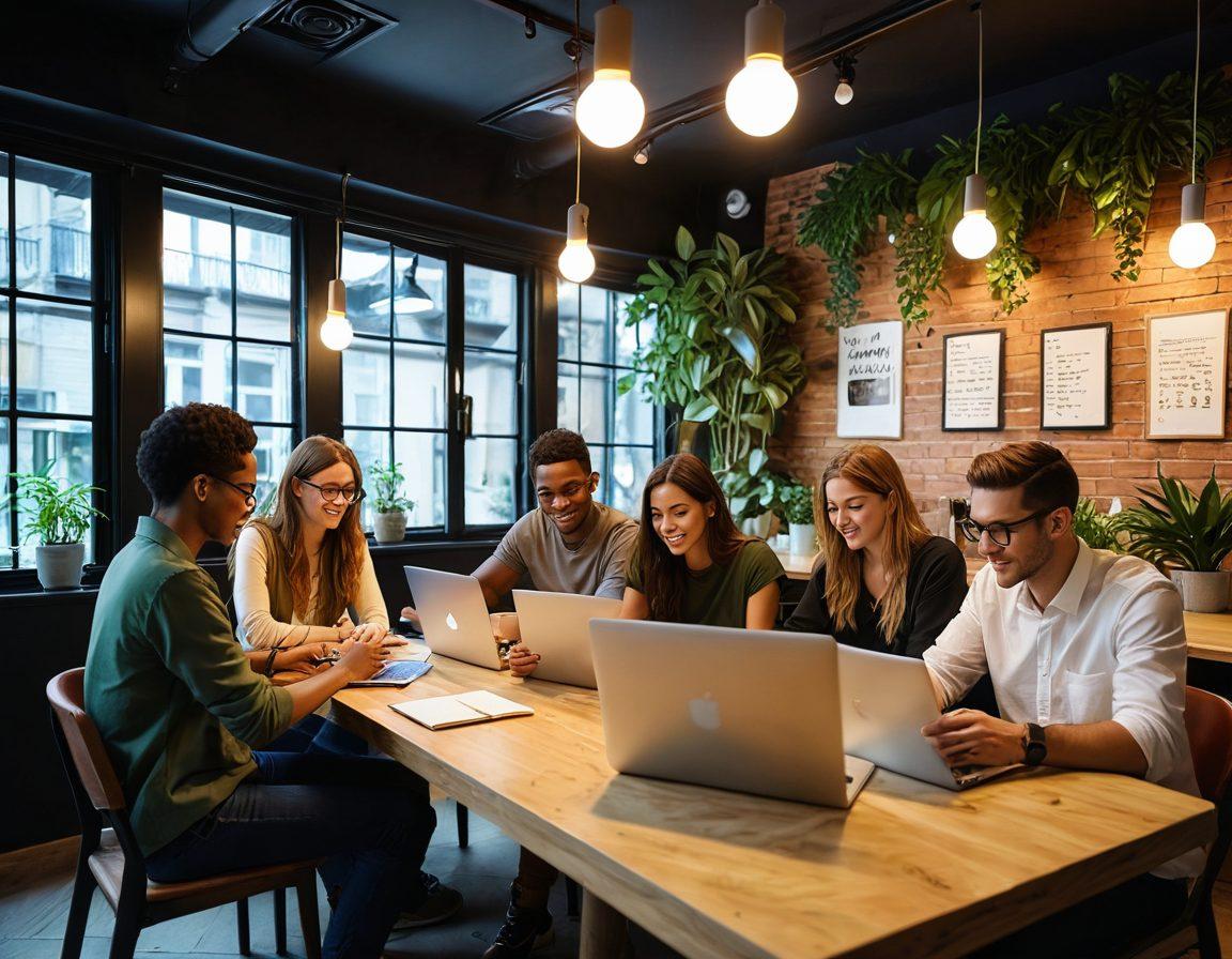 A dynamic scene featuring diverse individuals gathered around laptops in a cozy café, passionately discussing writing strategies while colorful notes and pens are scattered on the table. An inviting atmosphere with warm lighting, plants, and digital marketing motifs subtly integrated in the background. 3D. vibrant colors. cozy ambiance.