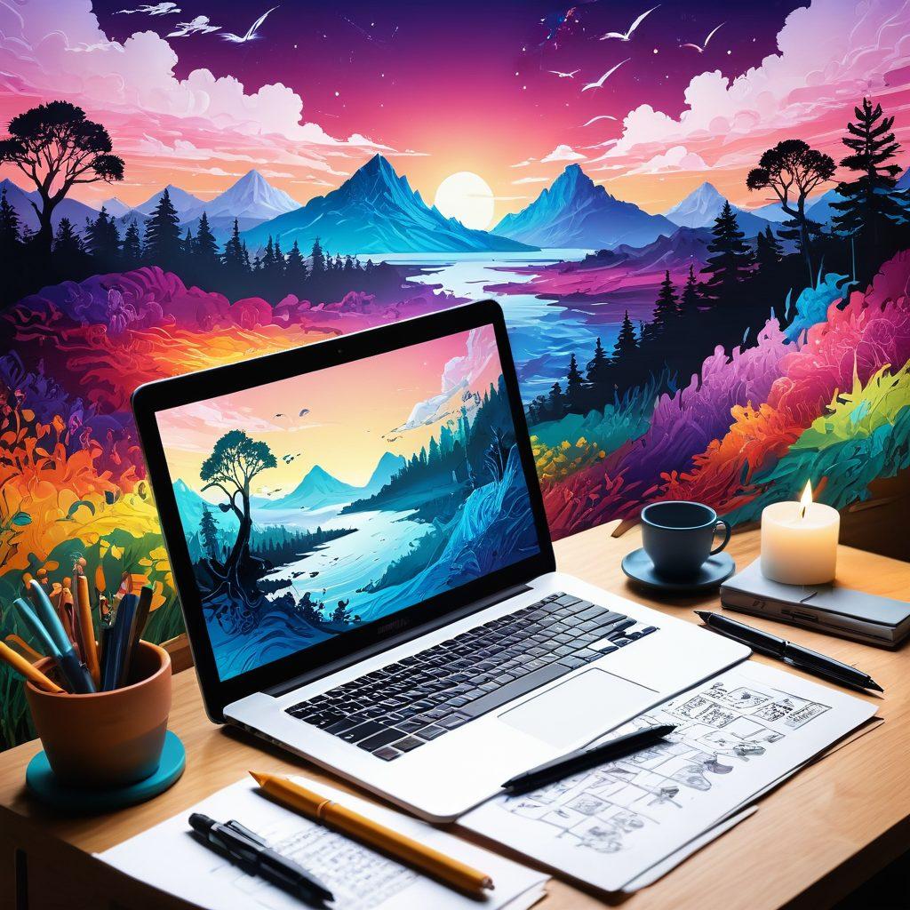 A whimsical transition scene from a hand-drawn paper sketch on the left, morphing into vibrant, colorful digital pixels on the right. Include a quill pen and a computer screen showing storytelling elements like characters and landscapes merging from the paper side. Add glowing lines connecting the two worlds, symbolizing the flow of creativity. Bright, engaging colors to captivate the viewer's attention. digital art. vibrant colors. 3D.