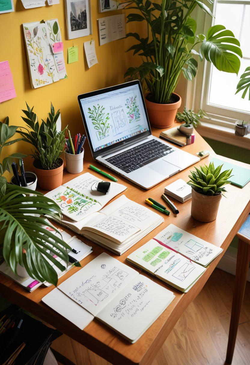 A vibrant workspace filled with an open personal journal adorned with colorful sketches and handwritten notes, next to a laptop displaying a digital storytelling interface. Lush plants surround the desk, creating a calming atmosphere, while soft sunlight filters through a window, casting gentle shadows. Various art supplies like markers, brushes, and sticky notes are scattered around, symbolizing creativity and inspiration. The overall scene invites viewers to dive into their own creative journeys. super-realistic. vibrant colors. cozy background.